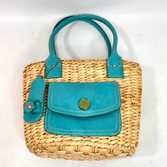Caribbean Joe Straw Wicker Bag with Turquoise Leather Accents - Picture 9 of 11